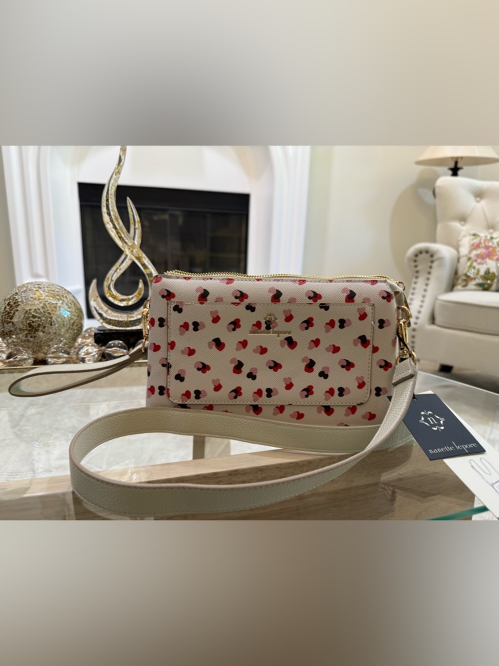 Nanette Lepore Cream Heart-Print Crossbody with Red Pink Black Hearts - Picture 8 of 11